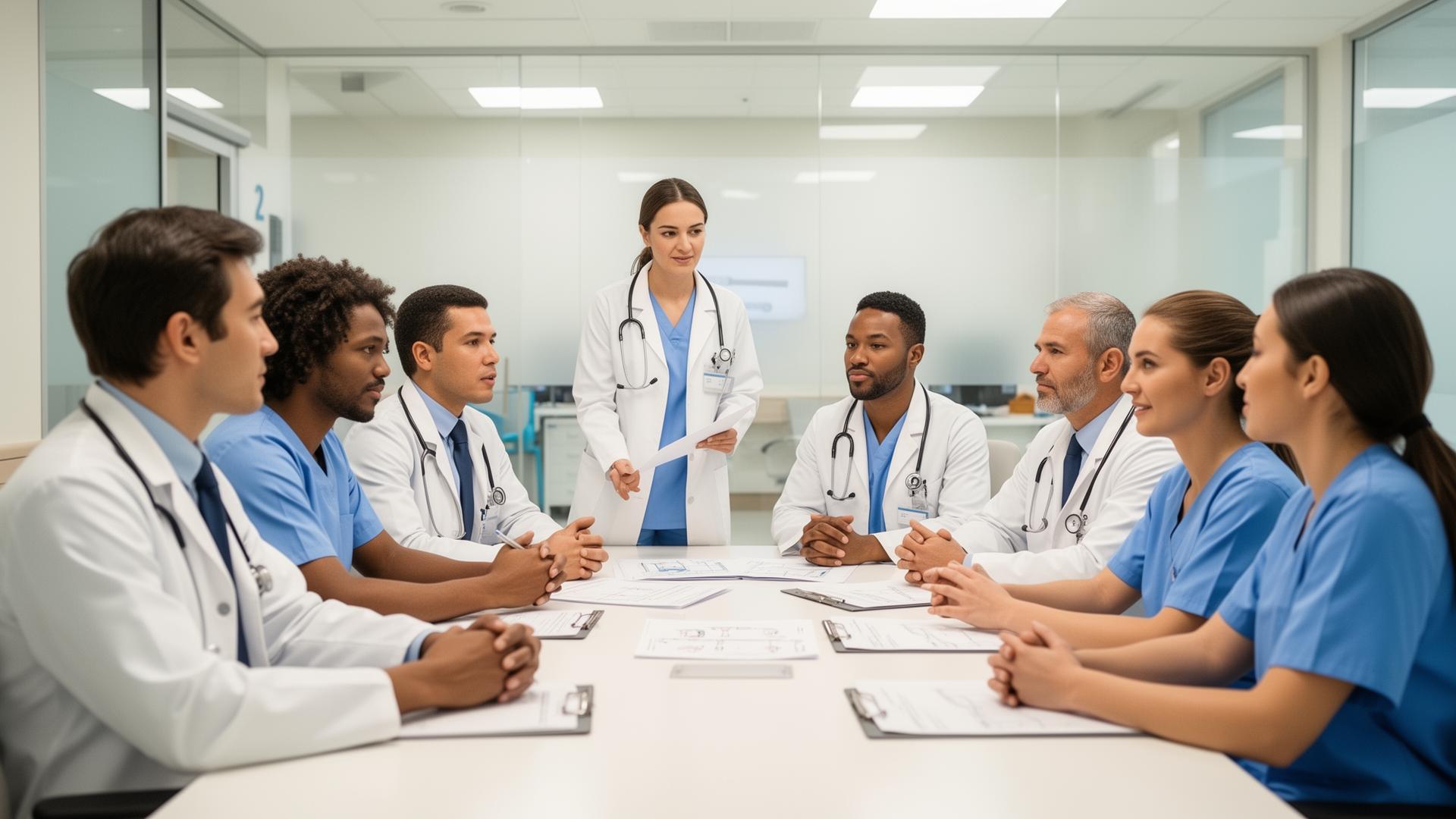Medical professionals collaborating on patient care in modern hospital